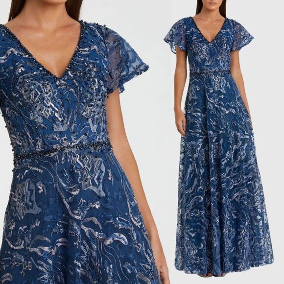 $798 Mac Duggal Size 18 Dark Navy Blue Silver Full Length A-Line Gown Maxi Dress - Picture 1 of 4